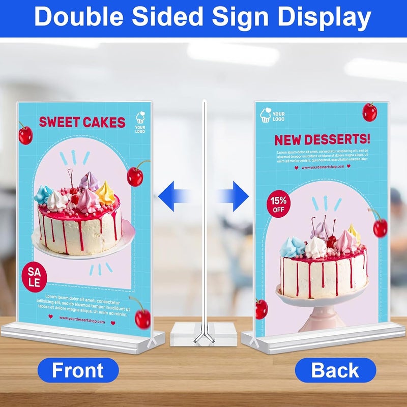 dulvus Acrylic Sign Holder 5.5x8.5 Inches 4 Pack, Double Sided Clear Display Stand Table Top Sign Paper Holder, Vertical Menu Flyer Holder, Plastic Sign Frame for Stores, Restaurants, Hotels, Office - Image 3